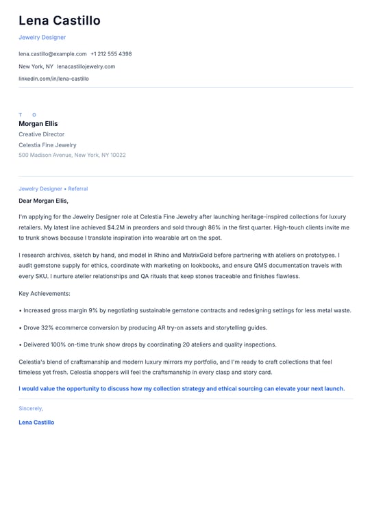 Jewelry Designer Cover Letter Example