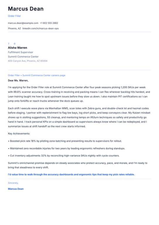 Order Filler Cover Letter Example
