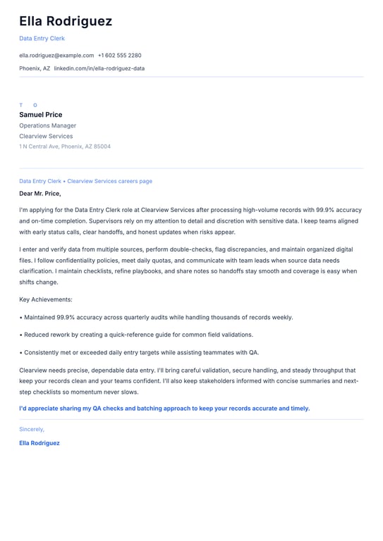 Data Entry Clerk Cover Letter Example