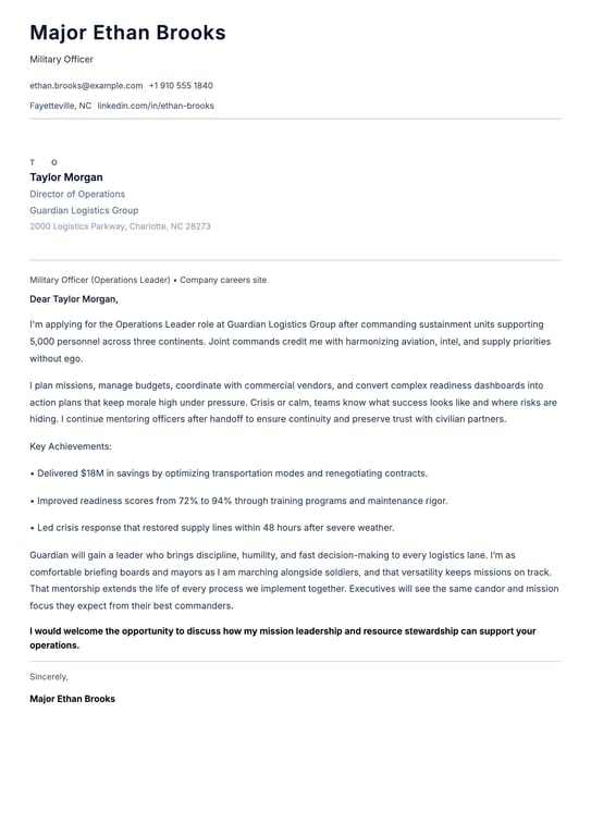 Military Officer Cover Letter Example
