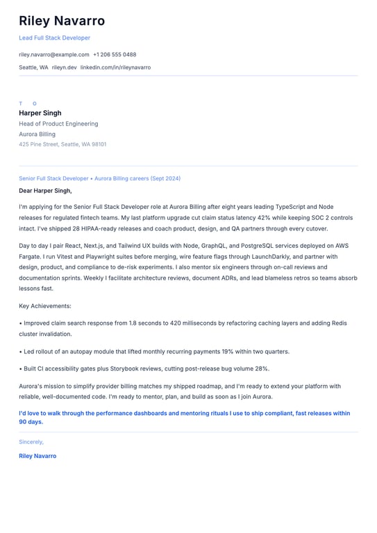 Full Stack Developer Cover Letter Example
