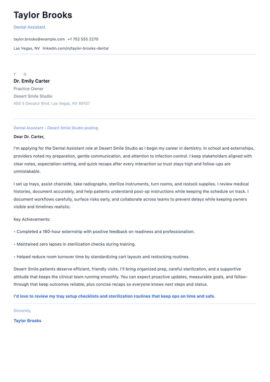 Entry Level Dental Assistant Cover Letter Example