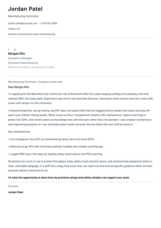 Manufacturing Technician Cover Letter Example