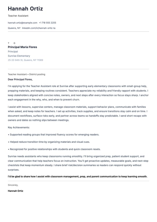 Teacher Assistant Cover Letter Example