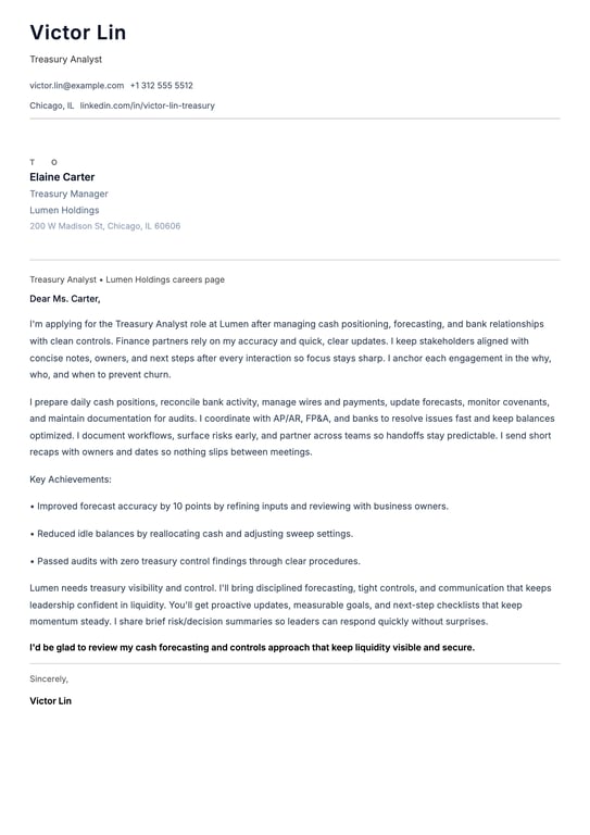 Treasury Analyst Cover Letter Example