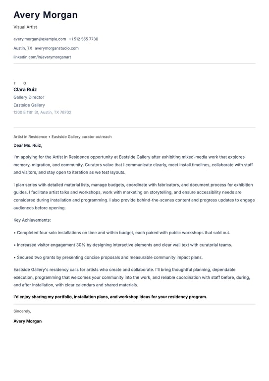Artist Cover Letter Example