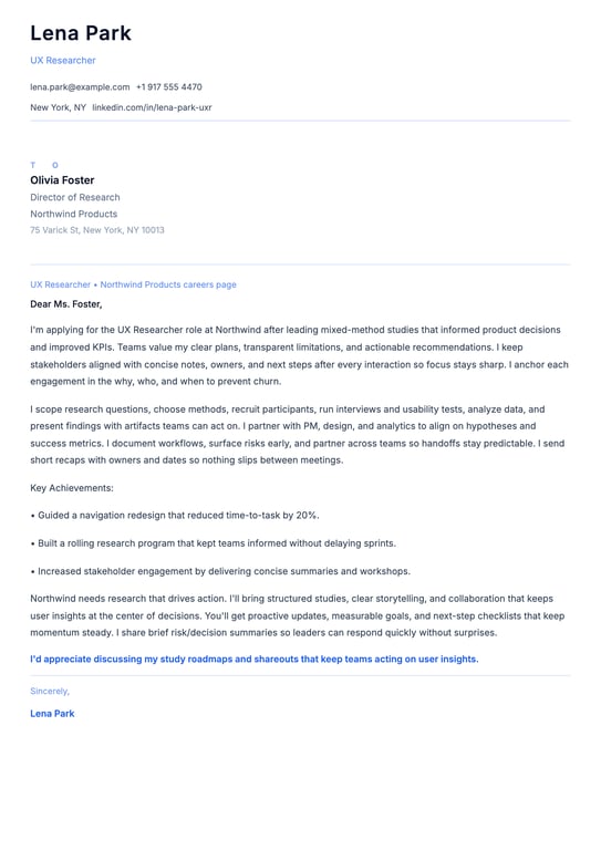 UX Researcher Cover Letter Example
