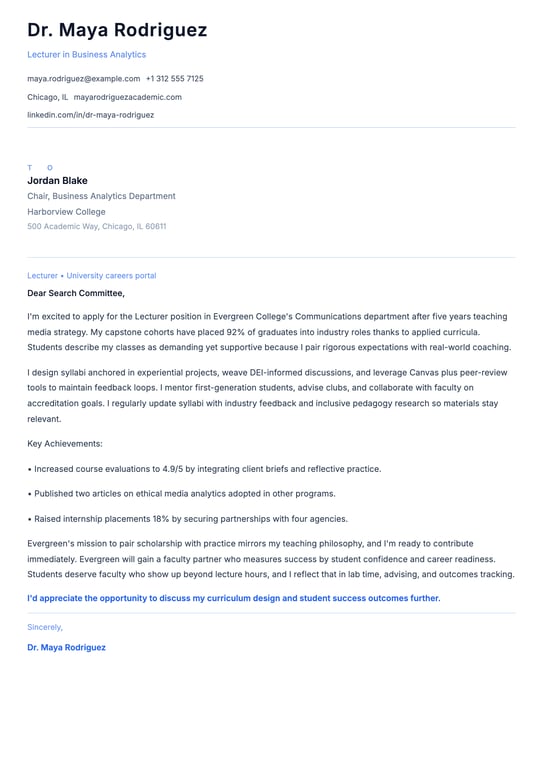 Lecturer Cover Letter Example