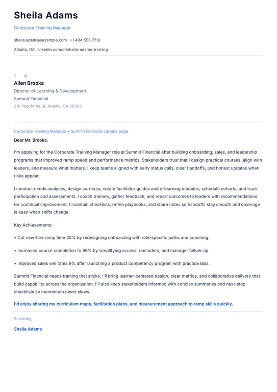 Corporate Training Manager Cover Letter Example