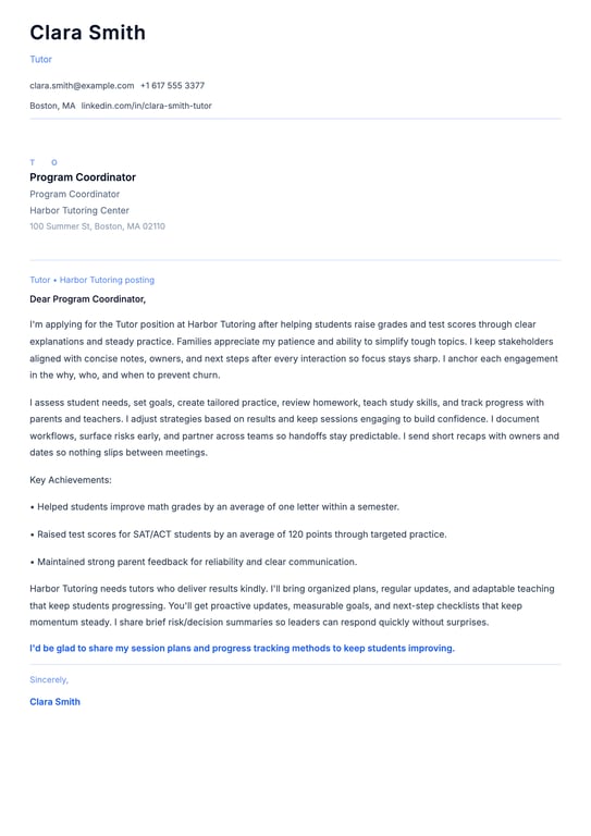 Tutor Cover Letter Example