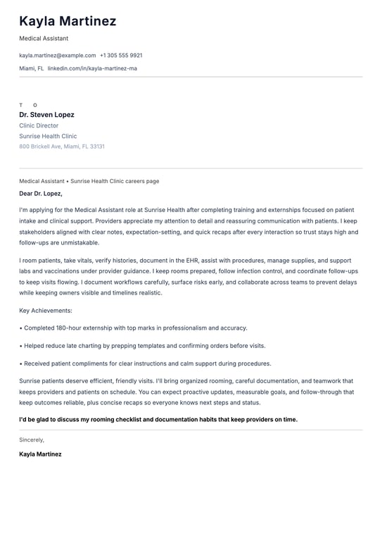 Entry Level Medical Assistant Cover Letter Example