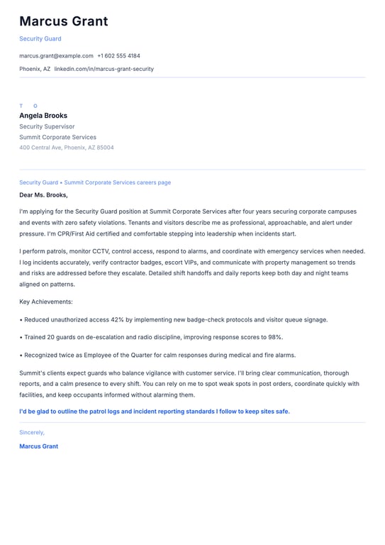 Security Guard Cover Letter Example