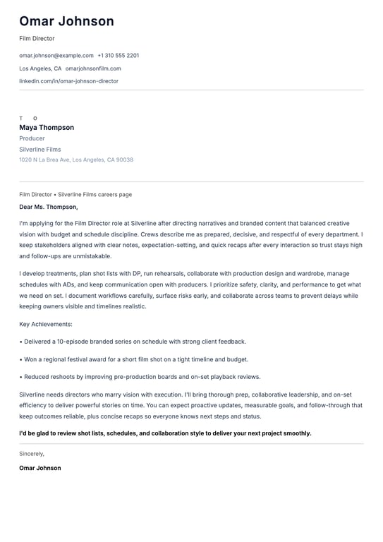 Film Director Cover Letter Example