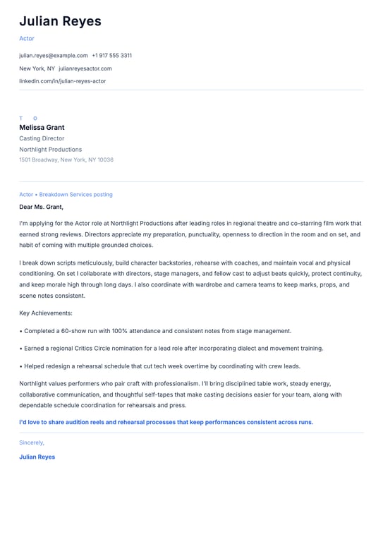 Actor cover letter example