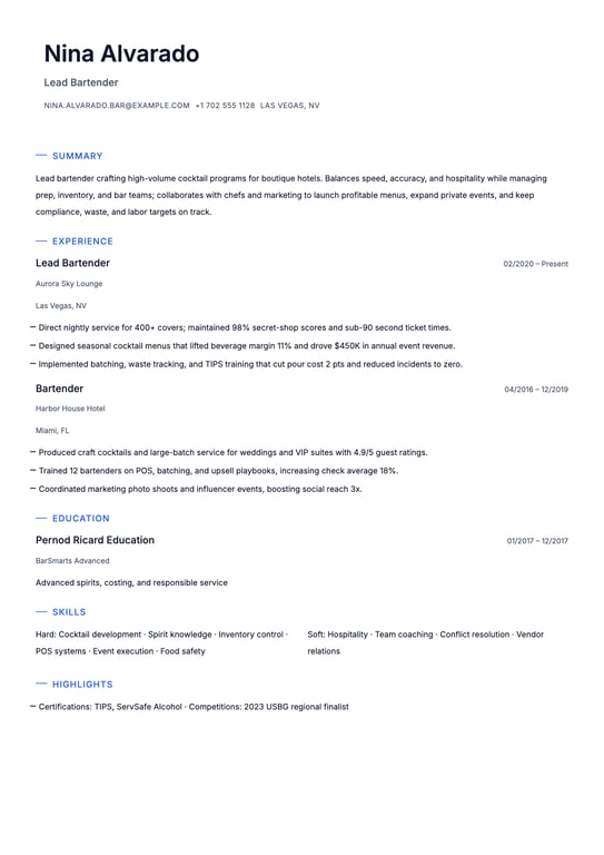 Bartender Resume Example