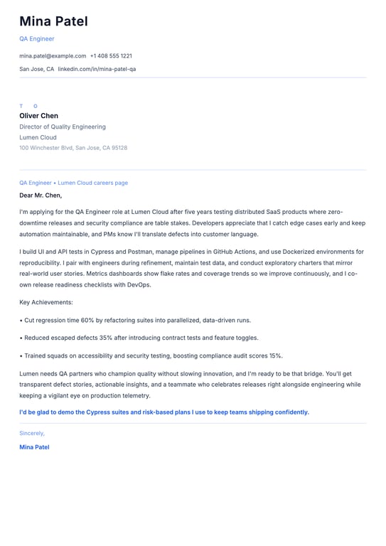 QA Engineer Cover Letter Example
