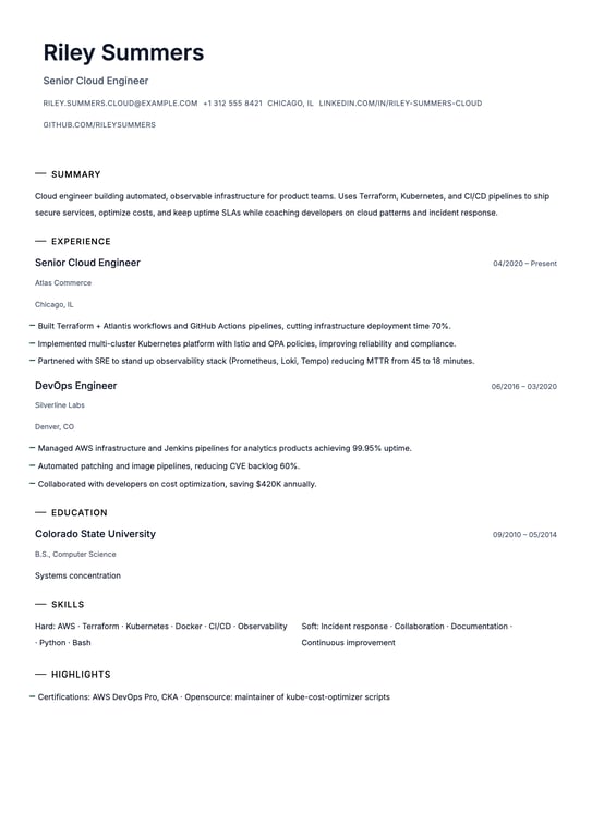 Cloud Engineer Resume Example