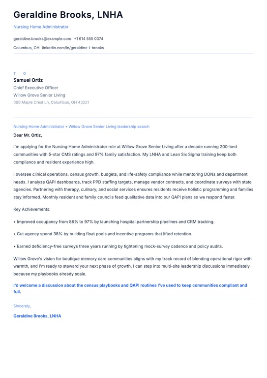 Nursing Home Administrator Cover Letter Example