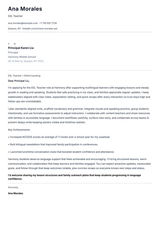 ESL Teacher Cover Letter Example