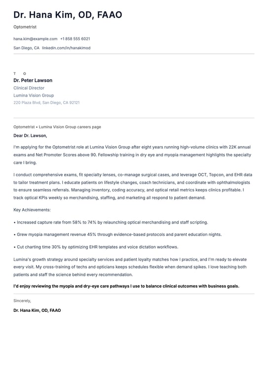 Optometrist Cover Letter Example