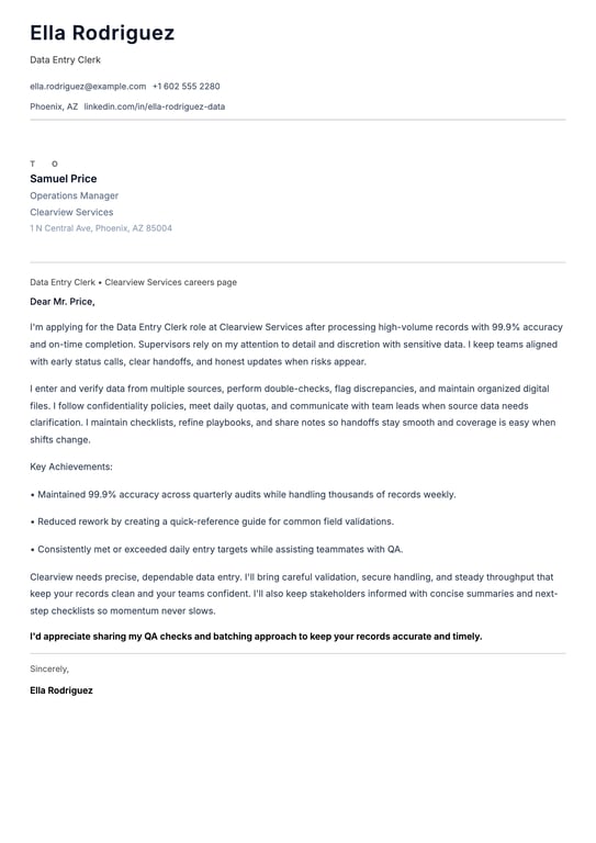 Data Entry Clerk Cover Letter Example