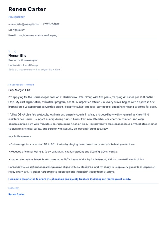 Housekeeper Cover Letter Example