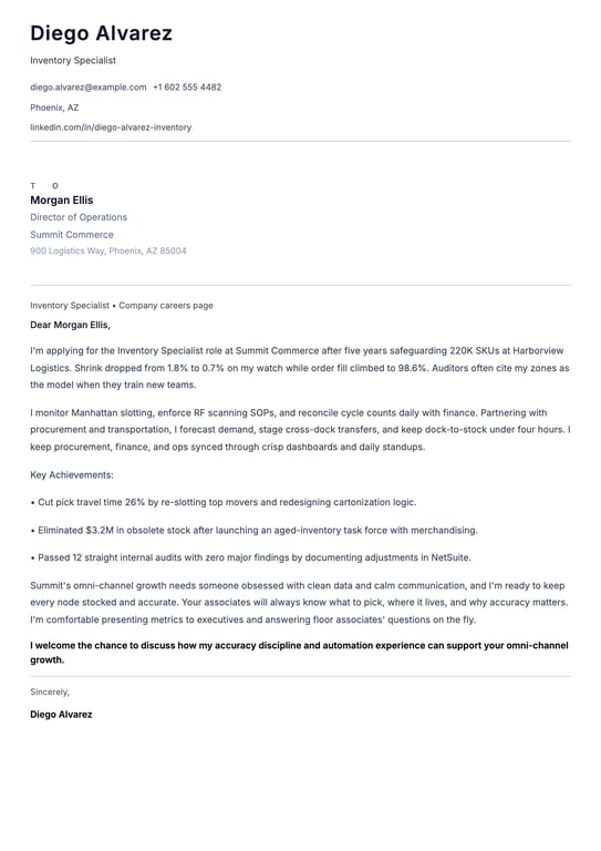 Inventory Specialist Cover Letter Example