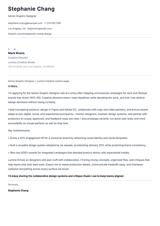 Senior Graphic Designer Cover Letter Example