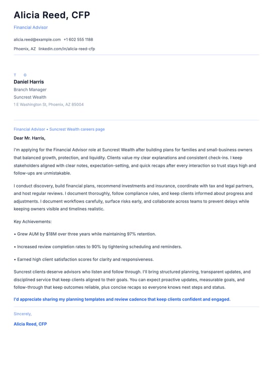 Financial Advisor Cover Letter Example
