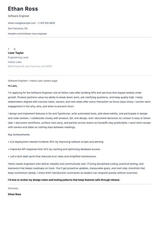 Software Engineer Cover Letter Example