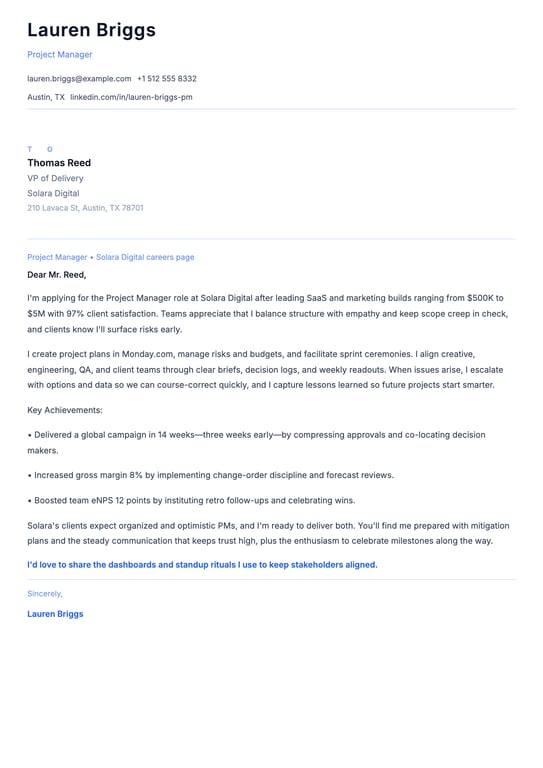 Project Manager Cover Letter Example