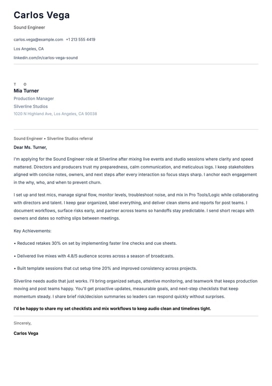 Sound Engineer Cover Letter Example