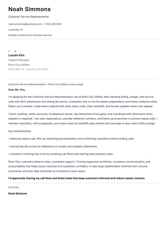 Customer Service Representative Cover Letter Example