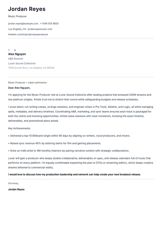 Music Producer Cover Letter Example