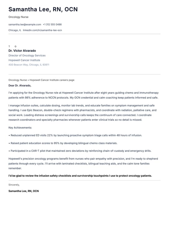 Oncology Nurse Cover Letter Example