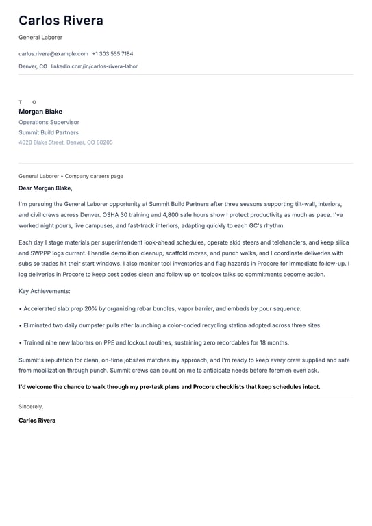 General Laborer Cover Letter Example