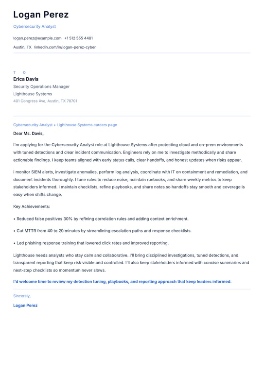 Cybersecurity Analyst Cover Letter Example