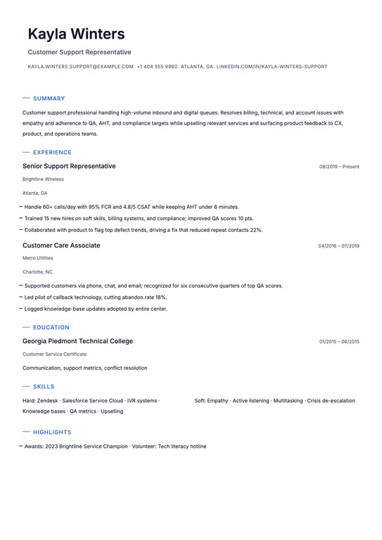 Call Center Representative Resume Example