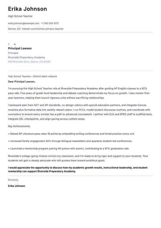 High School Teacher Cover Letter Example