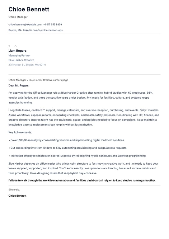 Office Manager Cover Letter Example