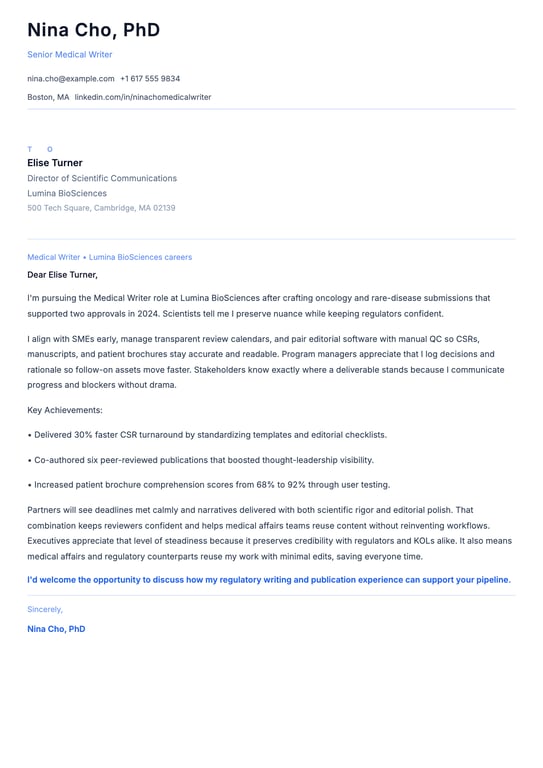 Medical Writer Cover Letter Example