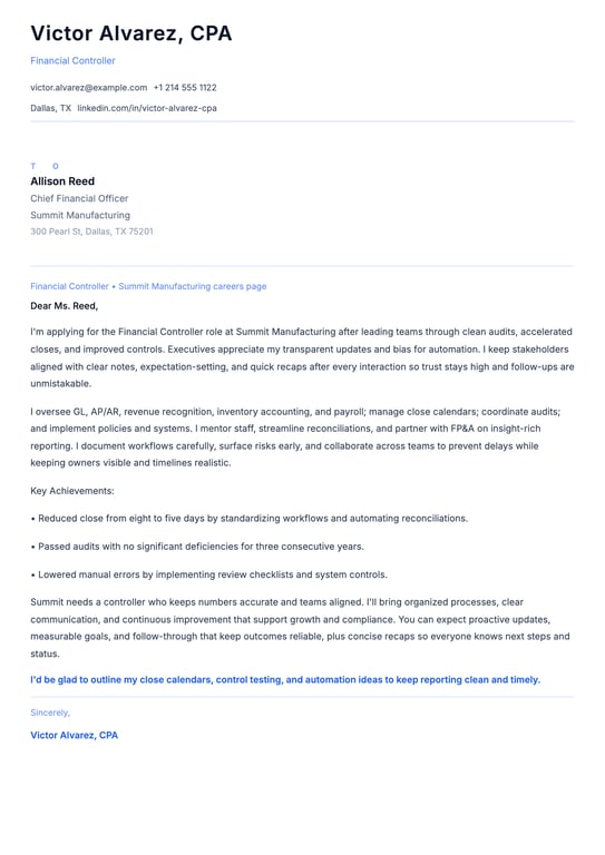 Financial Controller Cover Letter Example