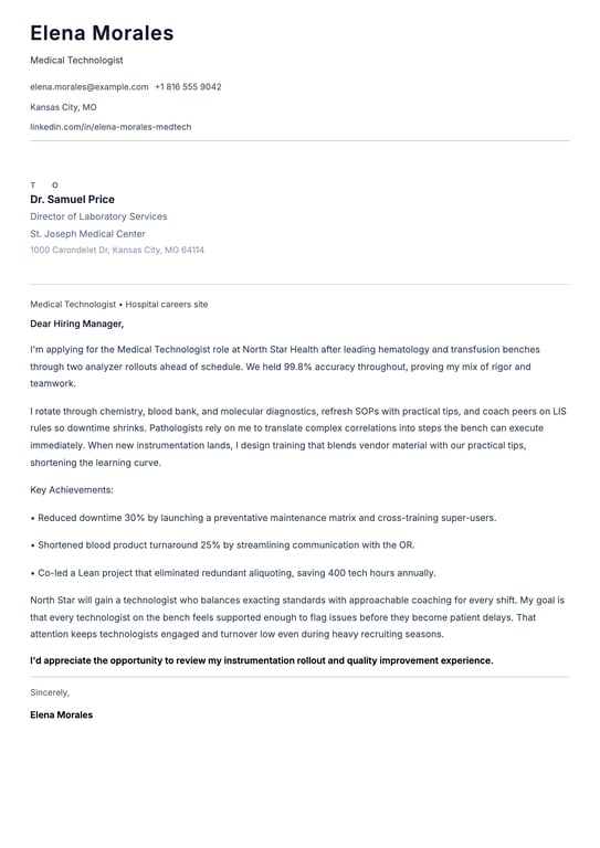 Medical Technologist Cover Letter Example