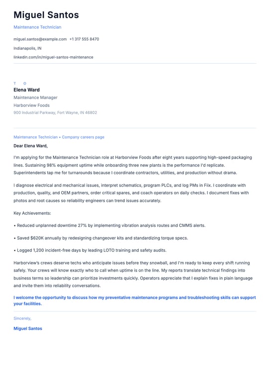 Maintenance Technician Cover Letter Example