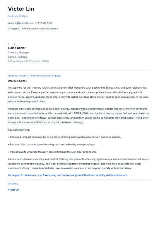Treasury Analyst Cover Letter Example
