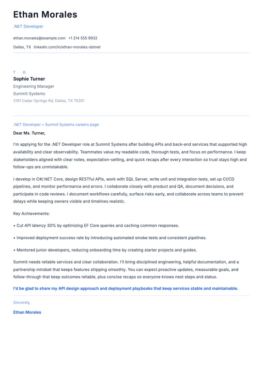.NET Developer Cover Letter Example