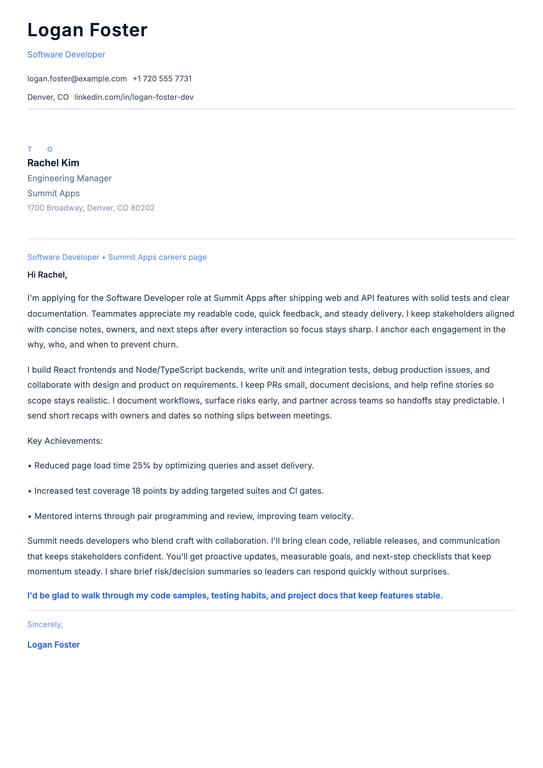 Software Developer Cover Letter Example