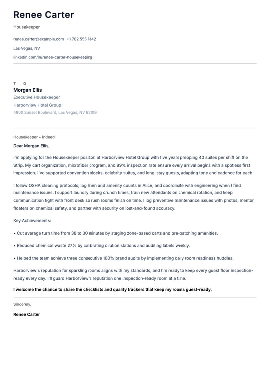 Housekeeper Cover Letter Example