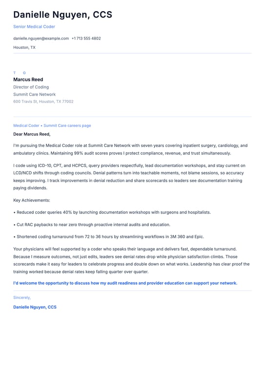 Medical Coder Cover Letter Example
