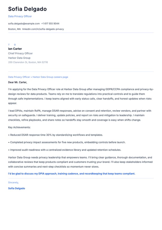 Data Privacy Officer Cover Letter Example